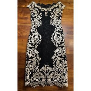 Tadashi Shoji Black Gold Sequin Lace Crochet Evening Cocktail Pencil Dress Sz 2